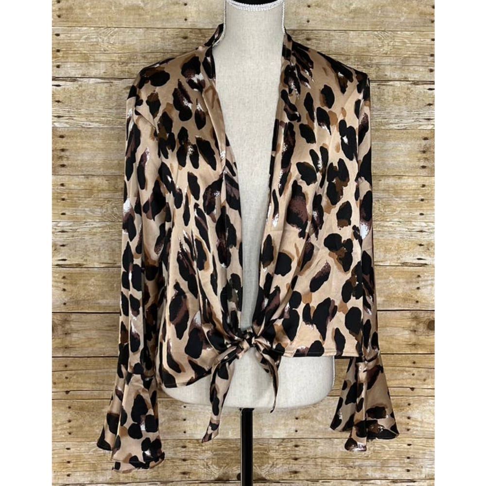 MISSGUIDED LEOPARD ANIMAL PRINT PLUNGE BELL SLEEVE CASUAL DRESSY BLOUSE SZ.4 NWT